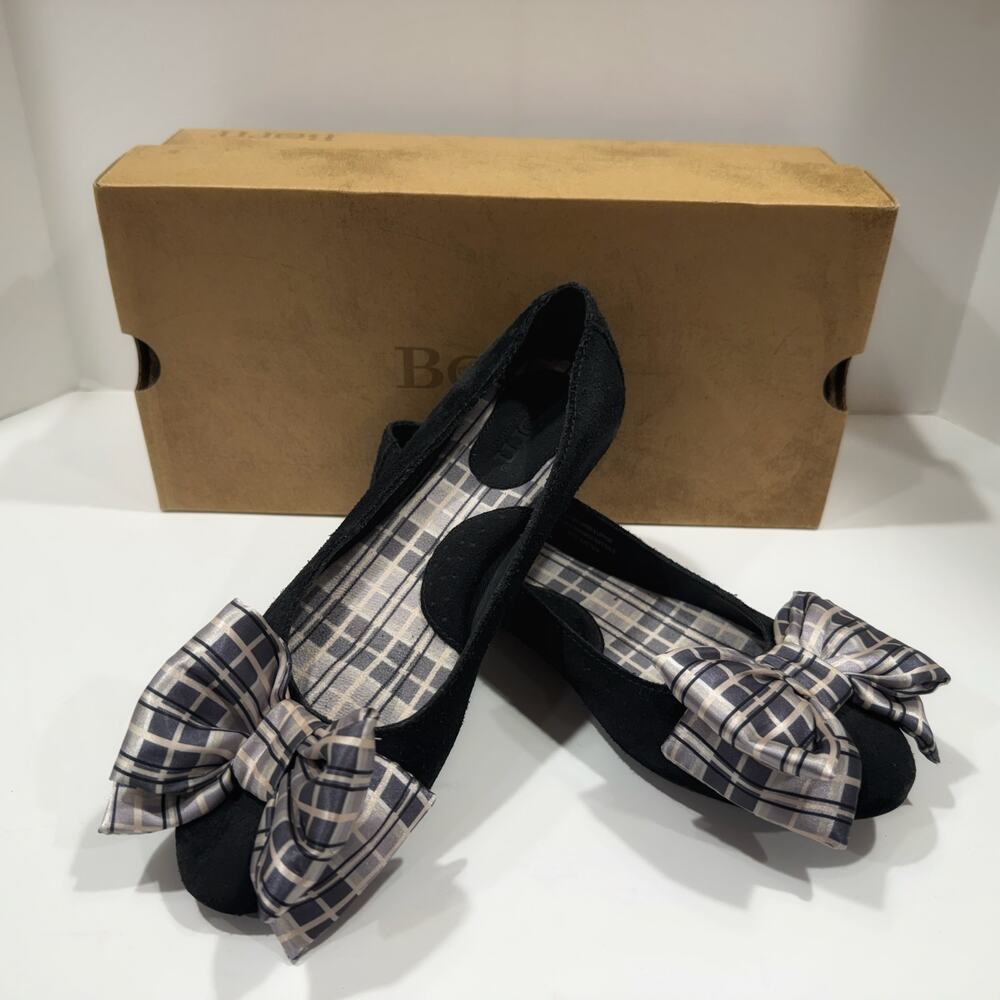 NIB Børn Marti Black Suede Plaid Bow Ballet Flats Women’s 6 EU 36.5 W20613 Box